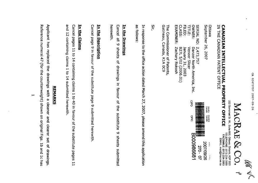 Canadian Patent Document 2473757. Prosecution-Amendment 20070926. Image 1 of 16