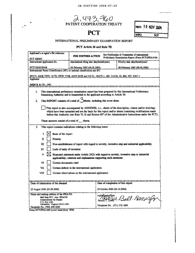 Canadian Patent Document 2473760. PCT 20040719. Image 1 of 3