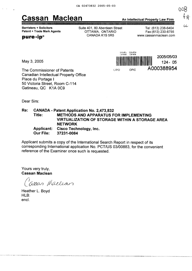 Document de brevet canadien 2473832. Poursuite-Amendment 20050503. Image 1 de 1