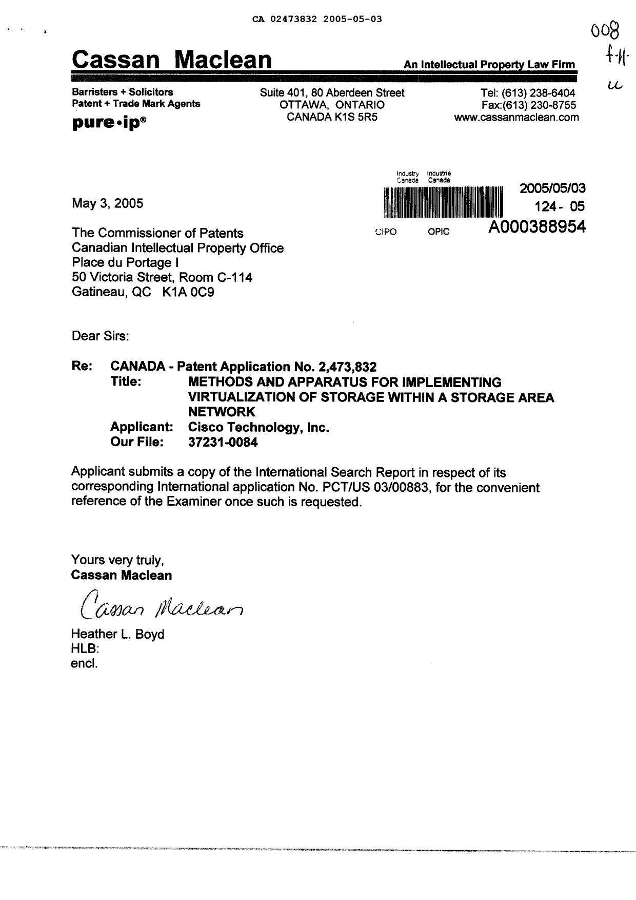 Canadian Patent Document 2473832. Prosecution-Amendment 20050503. Image 1 of 1