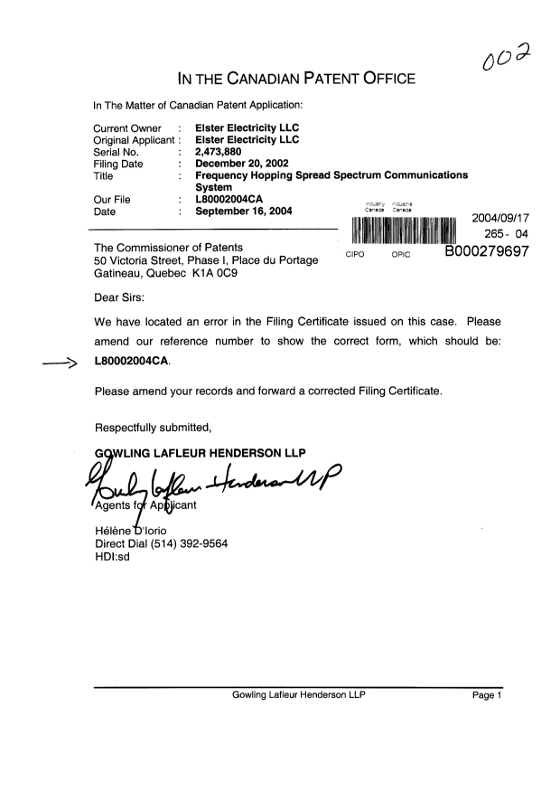 Document de brevet canadien 2473880. Correspondance 20040917. Image 1 de 1