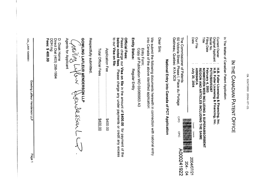 Document de brevet canadien 2473950. Cession 20040721. Image 1 de 3