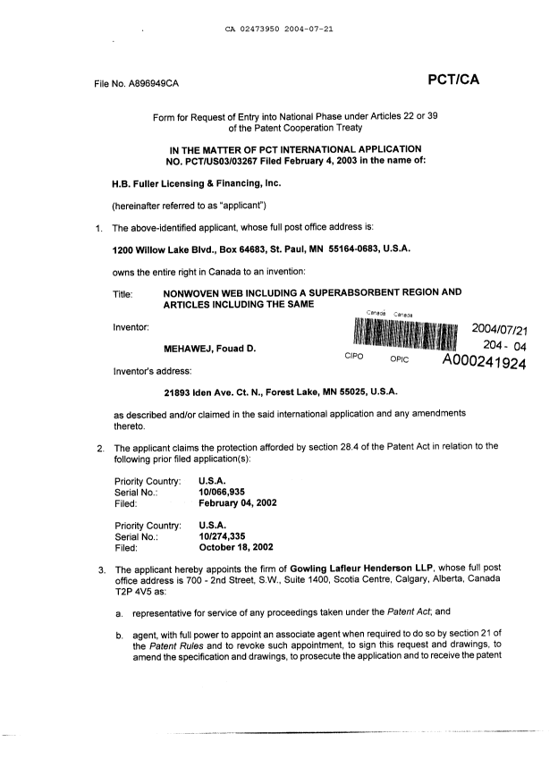 Document de brevet canadien 2473950. Cession 20040721. Image 2 de 3