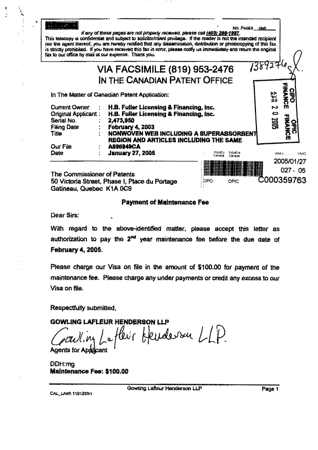 Canadian Patent Document 2473950. Fees 20050127. Image 1 of 2