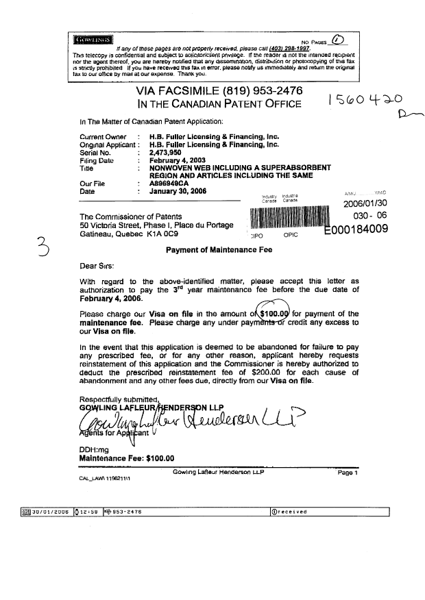 Document de brevet canadien 2473950. Taxes 20060130. Image 1 de 1