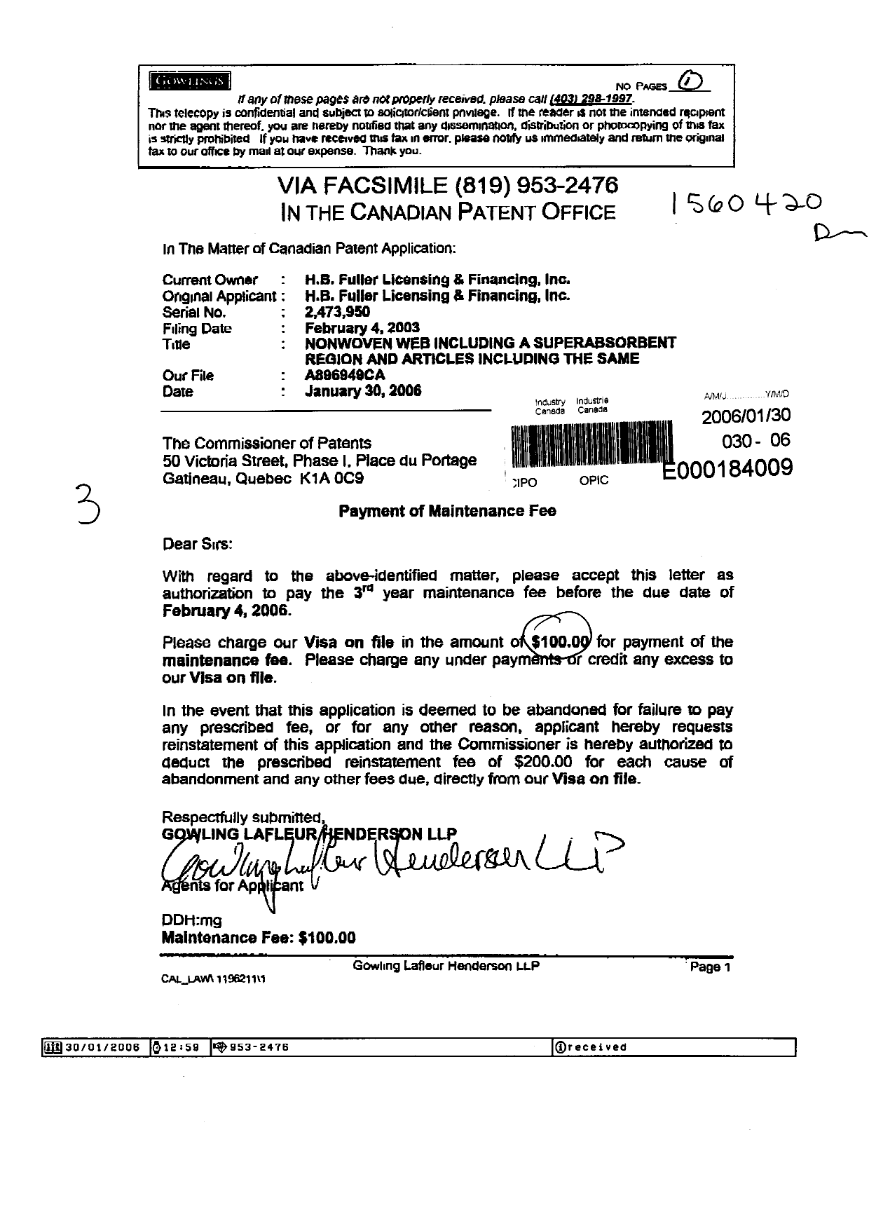 Document de brevet canadien 2473950. Taxes 20060130. Image 1 de 1