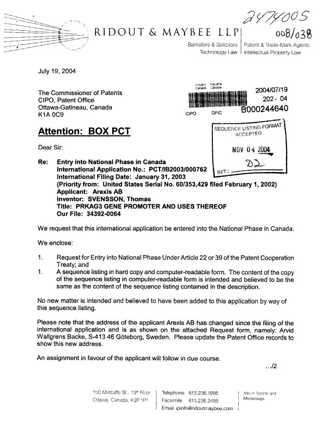 Canadian Patent Document 2474005. Prosecution-Amendment 20040719. Image 1 of 20