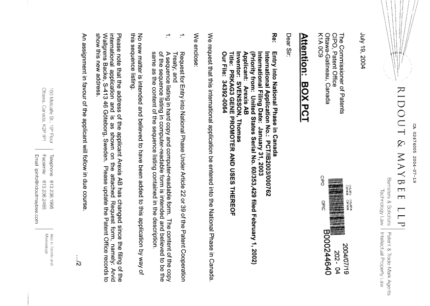 Canadian Patent Document 2474005. Assignment 20040719. Image 1 of 4