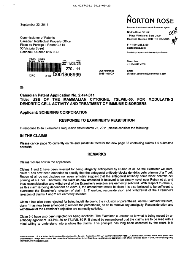 Canadian Patent Document 2474011. Prosecution-Amendment 20110923. Image 1 of 5