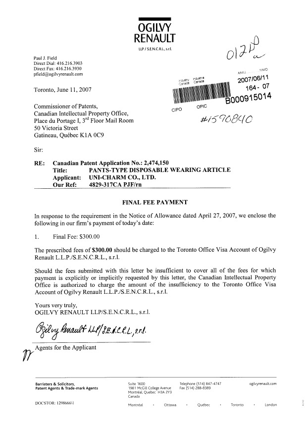 Canadian Patent Document 2474150. Correspondence 20070611. Image 1 of 1
