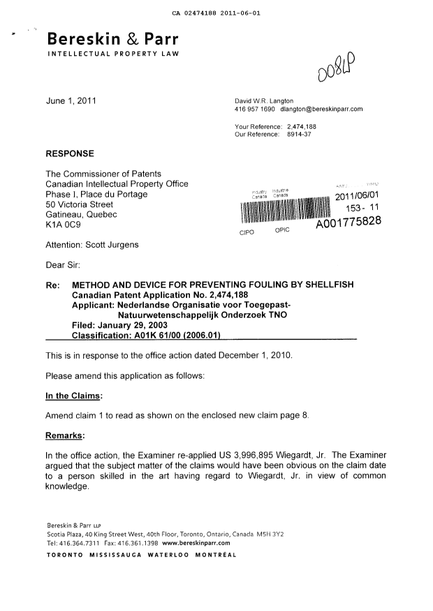 Document de brevet canadien 2474188. Poursuite-Amendment 20110601. Image 1 de 3