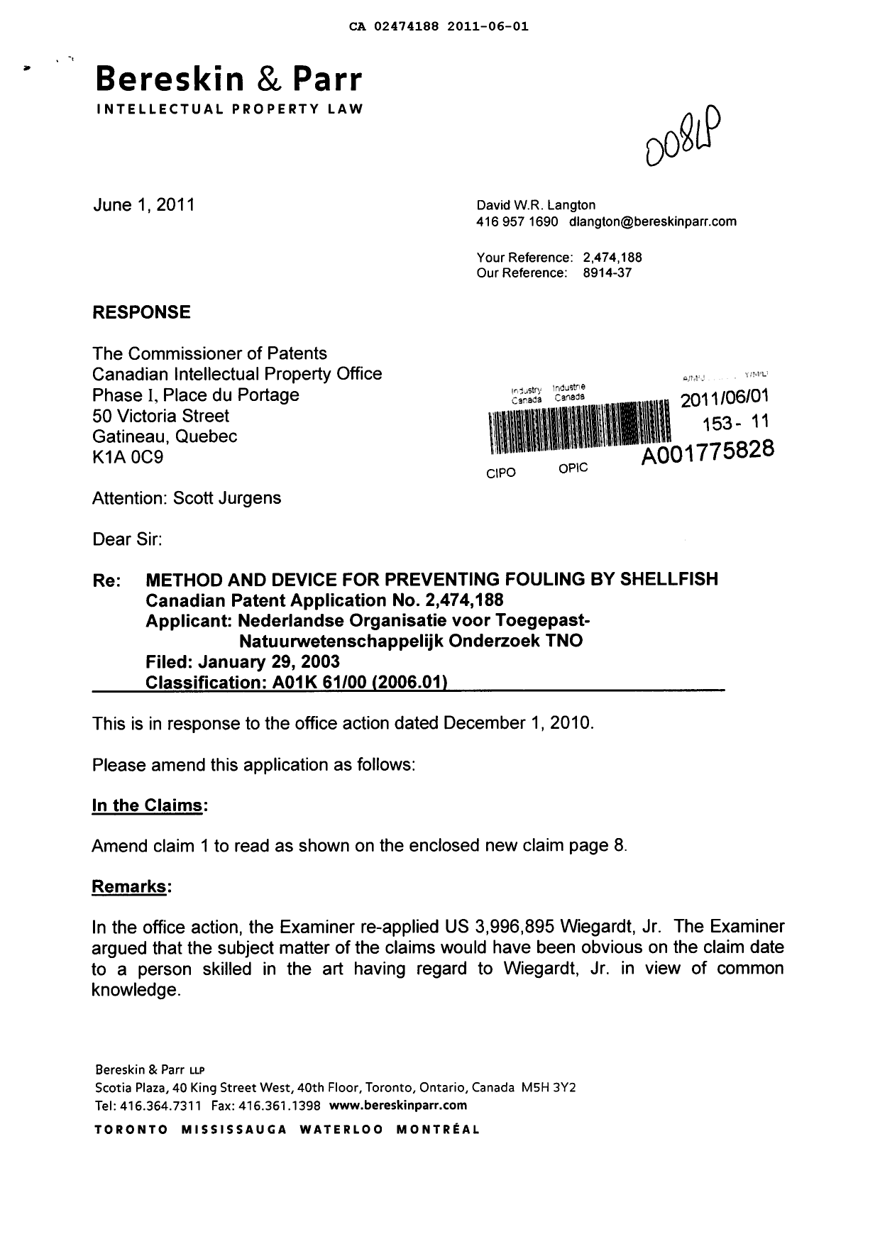 Canadian Patent Document 2474188. Prosecution-Amendment 20110601. Image 1 of 3