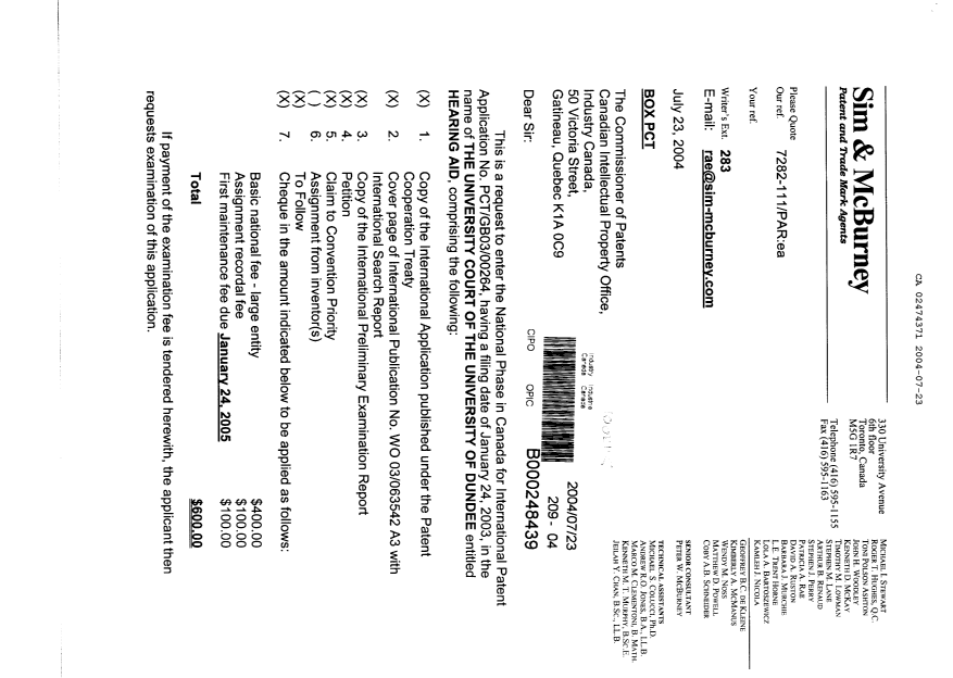 Document de brevet canadien 2474371. Cession 20040723. Image 1 de 3