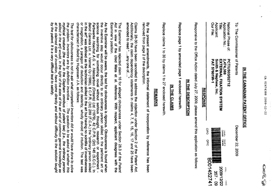 Canadian Patent Document 2474388. Prosecution-Amendment 20091222. Image 1 of 8