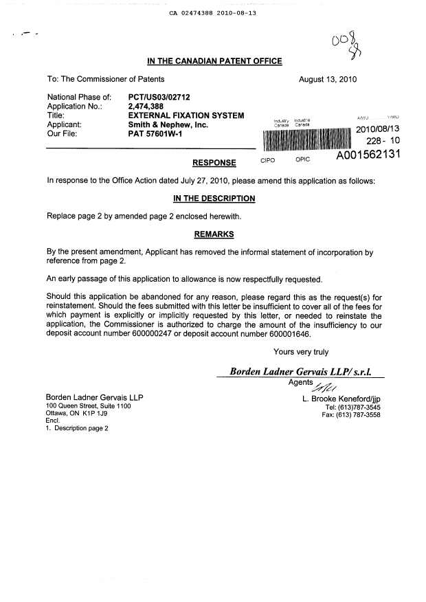 Document de brevet canadien 2474388. Poursuite-Amendment 20100813. Image 1 de 2