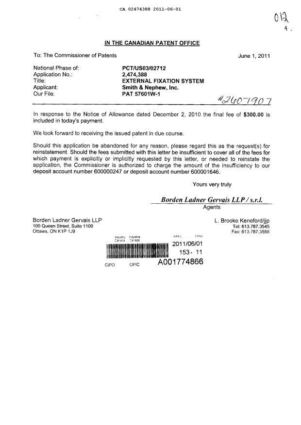 Document de brevet canadien 2474388. Correspondance 20110601. Image 1 de 1