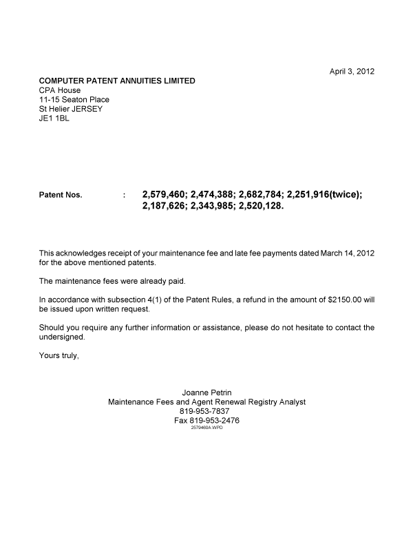 Document de brevet canadien 2474388. Correspondance 20120403. Image 1 de 1