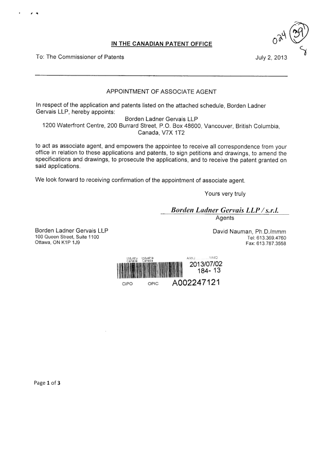 Document de brevet canadien 2474388. Correspondance 20130702. Image 1 de 3