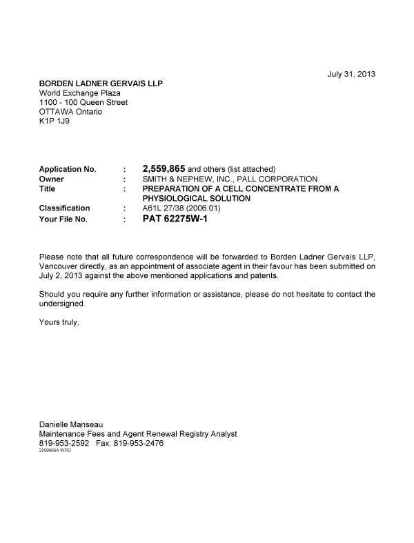Document de brevet canadien 2474388. Correspondance 20130731. Image 1 de 3