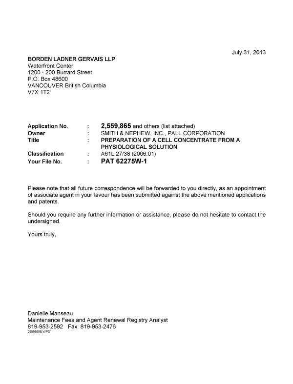 Document de brevet canadien 2474388. Correspondance 20130731. Image 1 de 3