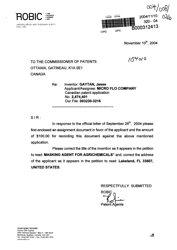 Canadian Patent Document 2474401. Correspondence 20041110. Image 1 of 2