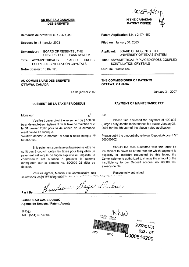 Document de brevet canadien 2474450. Taxes 20070131. Image 1 de 1