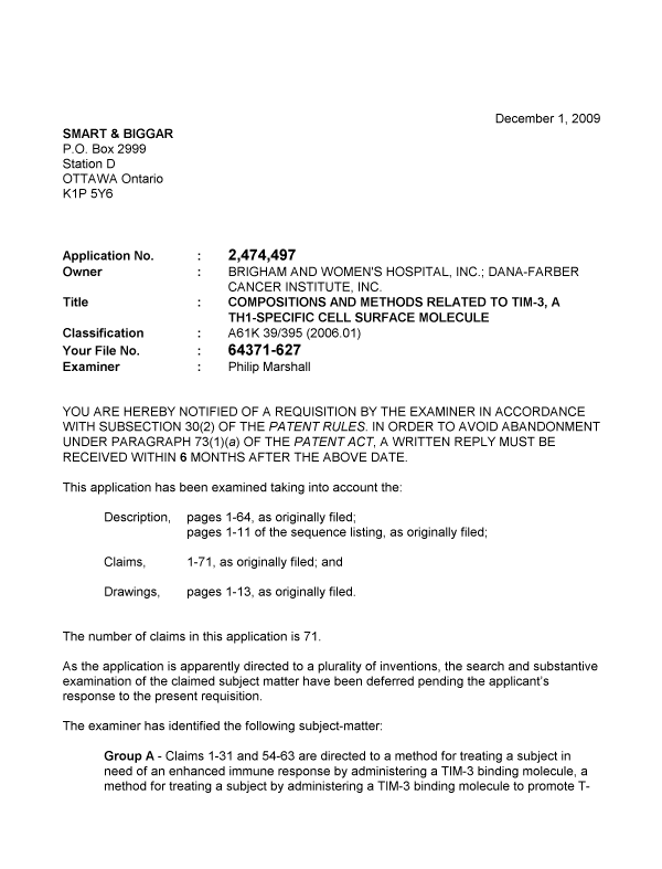 Canadian Patent Document 2474497. Prosecution-Amendment 20091201. Image 1 of 3