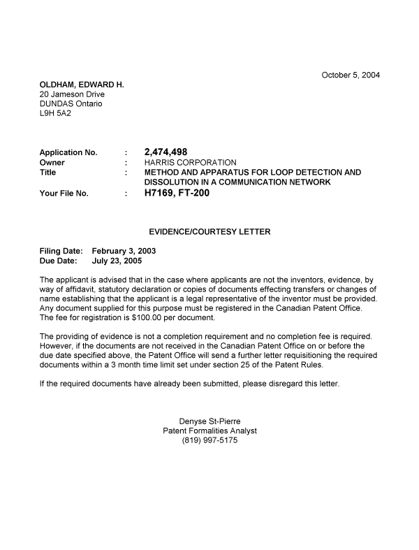 Document de brevet canadien 2474498. Correspondance 20041001. Image 1 de 1