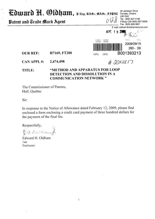 Document de brevet canadien 2474498. Correspondance 20090915. Image 1 de 1