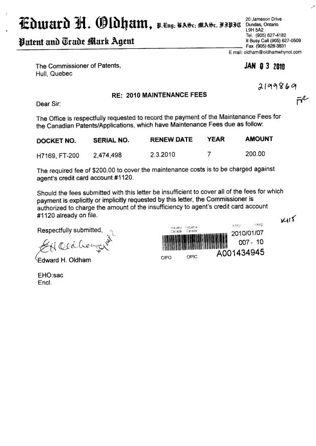 Document de brevet canadien 2474498. Taxes 20100107. Image 1 de 1