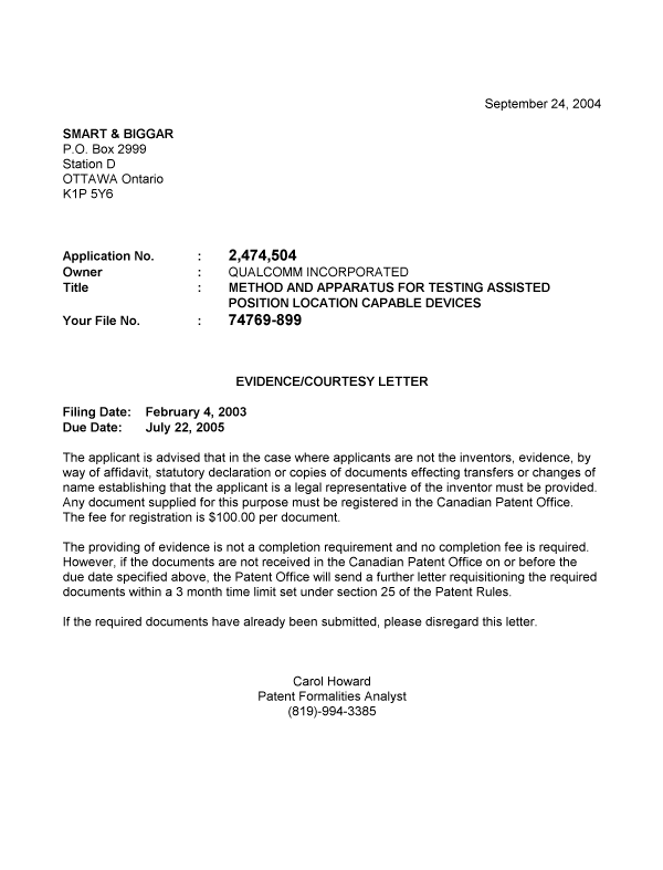 Document de brevet canadien 2474504. Correspondance 20040924. Image 1 de 1