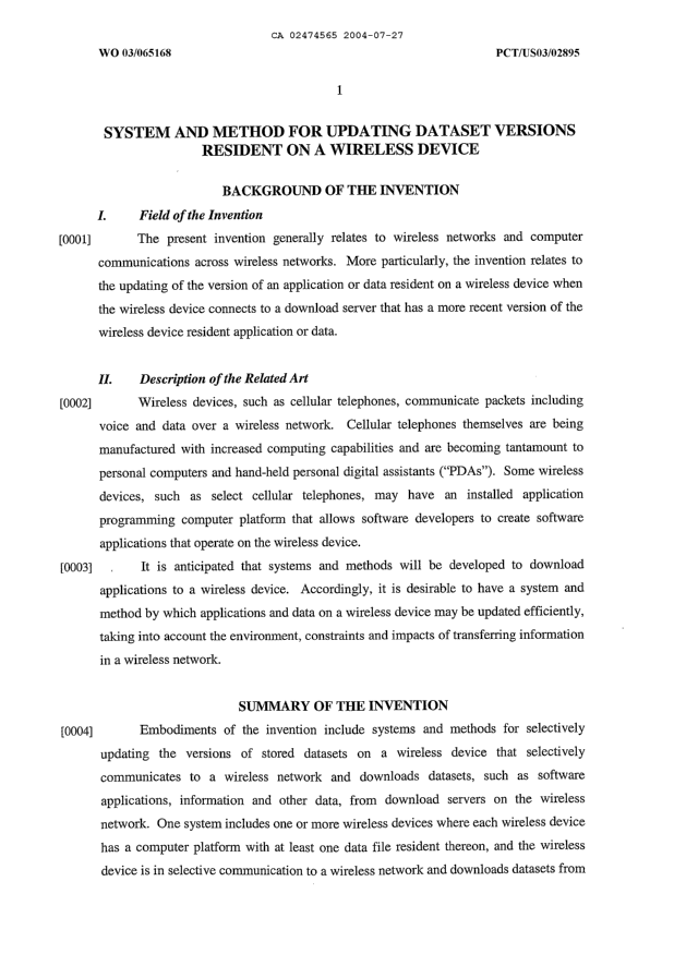 Document de brevet canadien 2474565. Description 20040727. Image 1 de 14