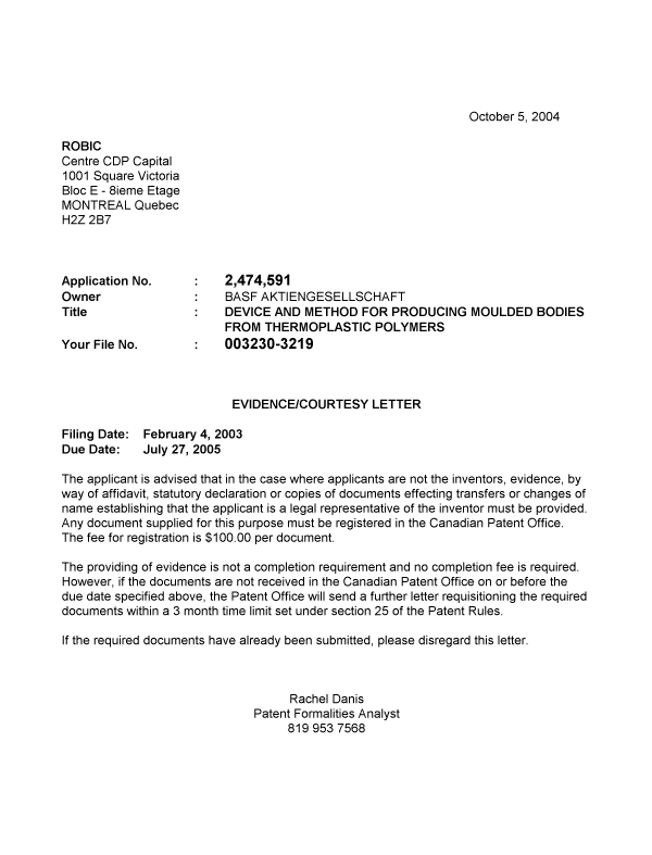 Document de brevet canadien 2474591. Correspondance 20040927. Image 1 de 1