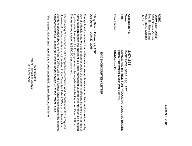 Canadian Patent Document 2474591. Correspondence 20040927. Image 1 of 1