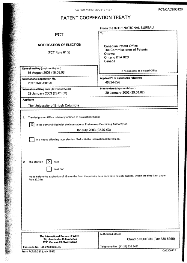 Document de brevet canadien 2474593. PCT 20040727. Image 1 de 11