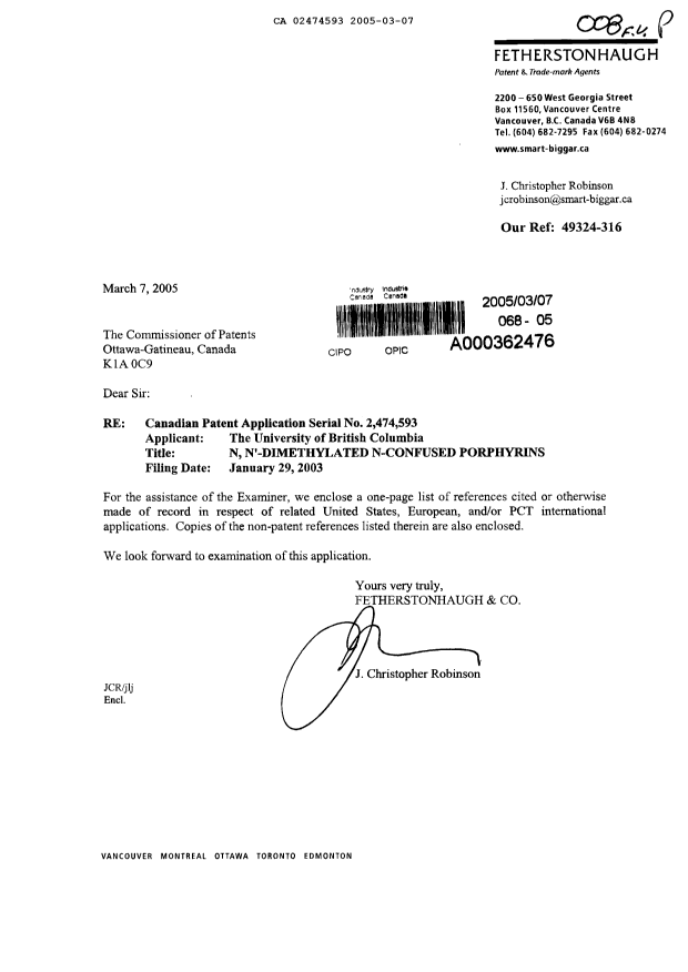 Canadian Patent Document 2474593. Prosecution-Amendment 20050307. Image 1 of 1