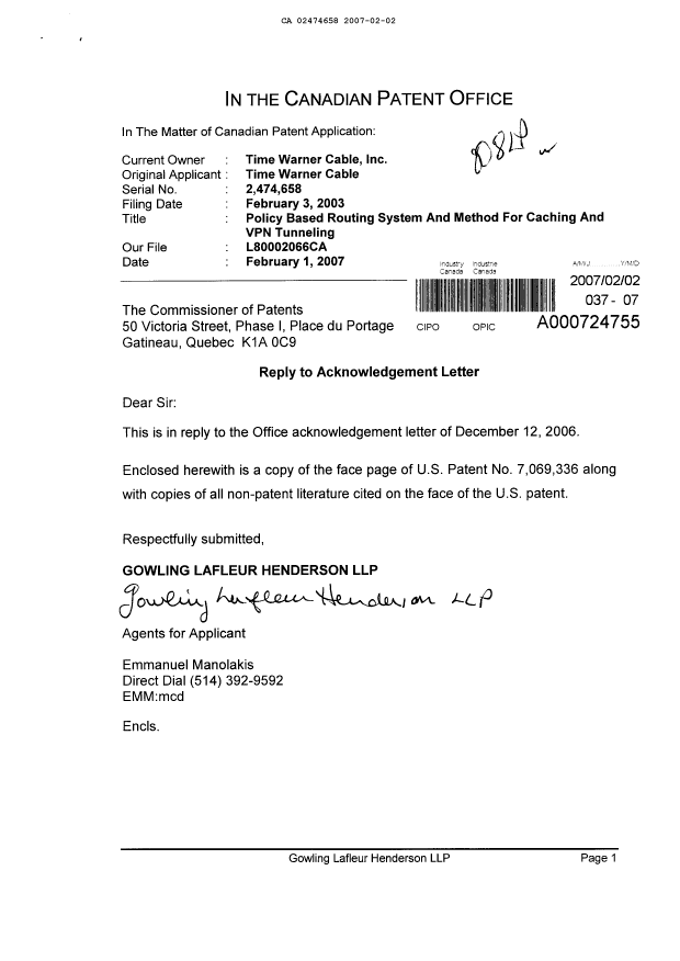 Document de brevet canadien 2474658. Poursuite-Amendment 20070202. Image 1 de 1