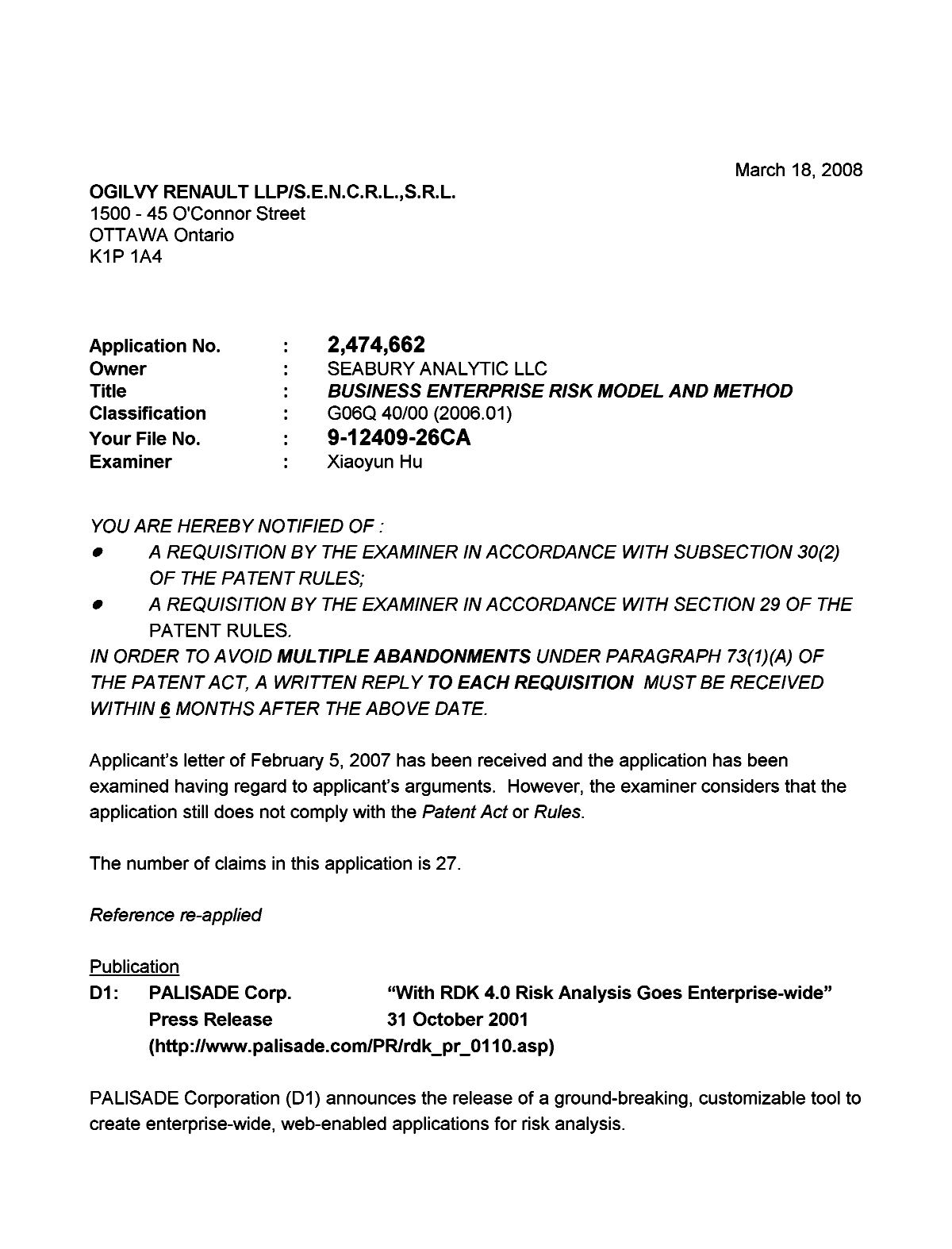 Canadian Patent Document 2474662. Prosecution-Amendment 20080318. Image 1 of 5