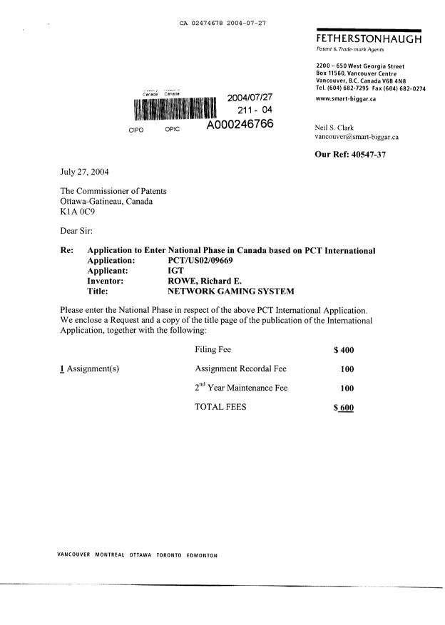 Document de brevet canadien 2474678. Cession 20040727. Image 1 de 8