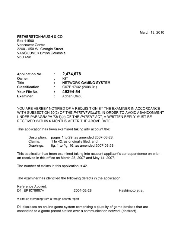 Canadian Patent Document 2474678. Prosecution-Amendment 20100318. Image 1 of 3
