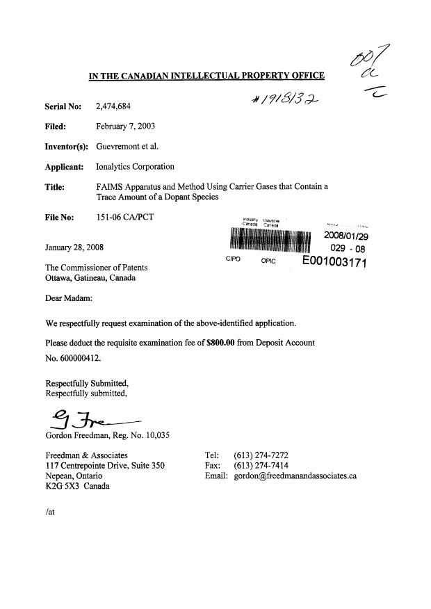 Canadian Patent Document 2474684. Prosecution-Amendment 20071229. Image 1 of 1