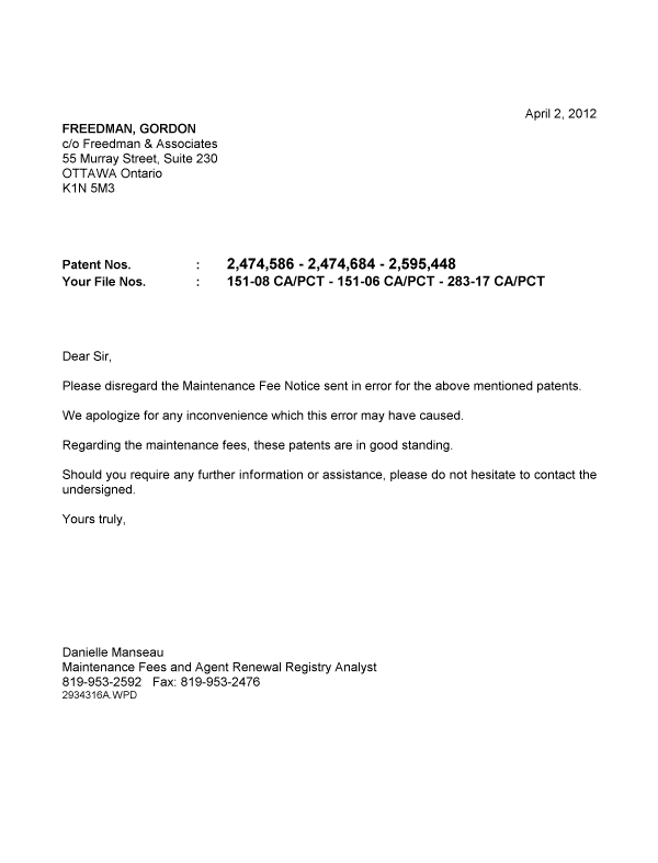 Canadian Patent Document 2474684. Correspondence 20111202. Image 1 of 1