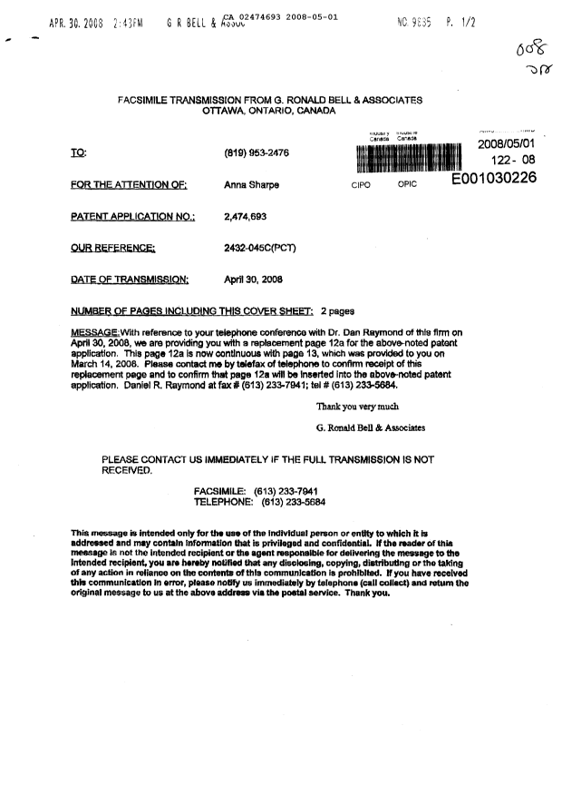 Document de brevet canadien 2474693. Poursuite-Amendment 20080501. Image 1 de 2