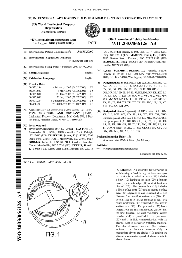 Canadian Patent Document 2474742. Abstract 20040728. Image 1 of 2