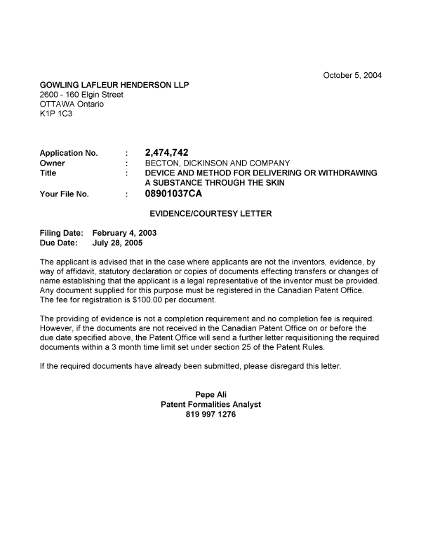 Document de brevet canadien 2474742. Correspondance 20040930. Image 1 de 1