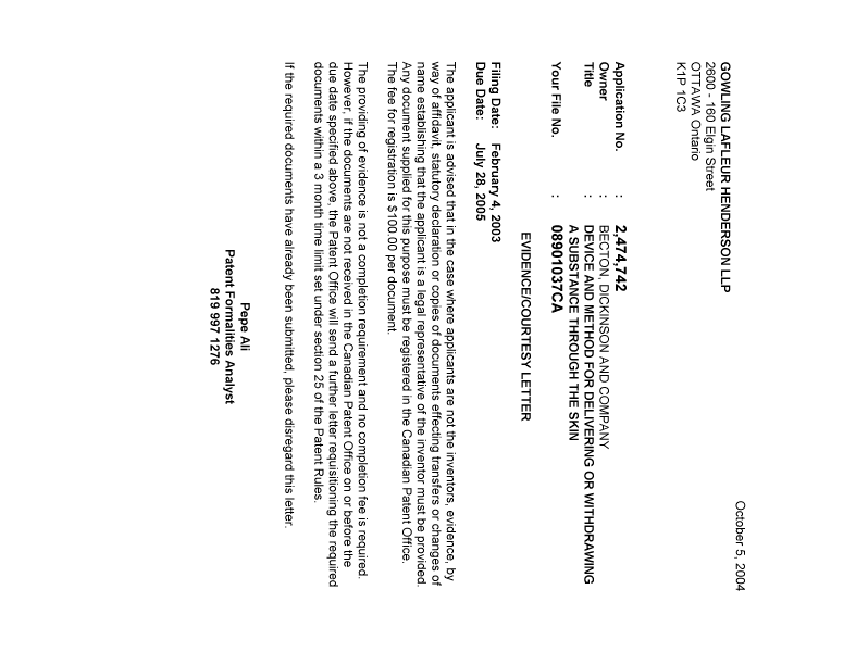 Document de brevet canadien 2474742. Correspondance 20040930. Image 1 de 1