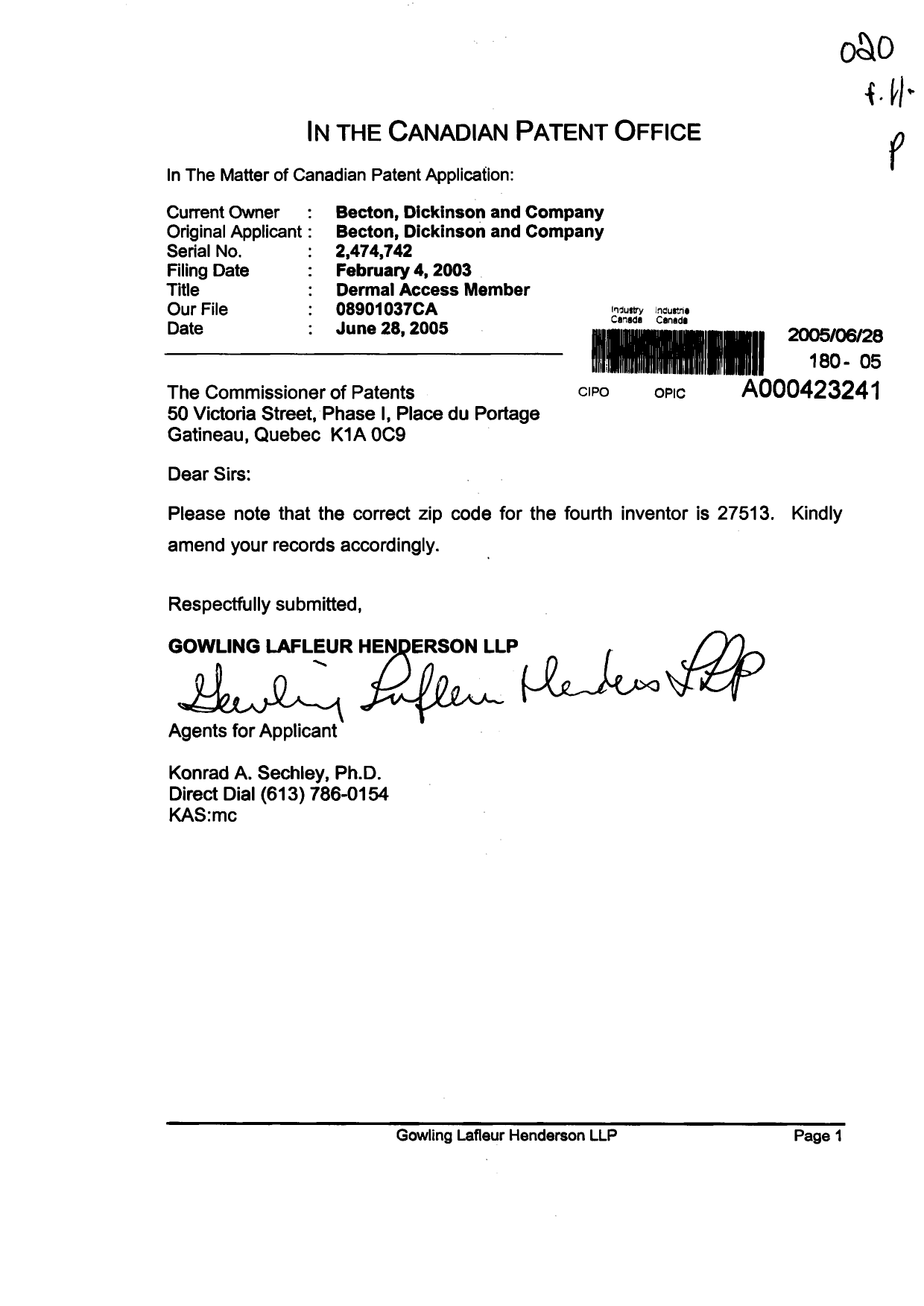 Document de brevet canadien 2474742. Correspondance 20041228. Image 1 de 1