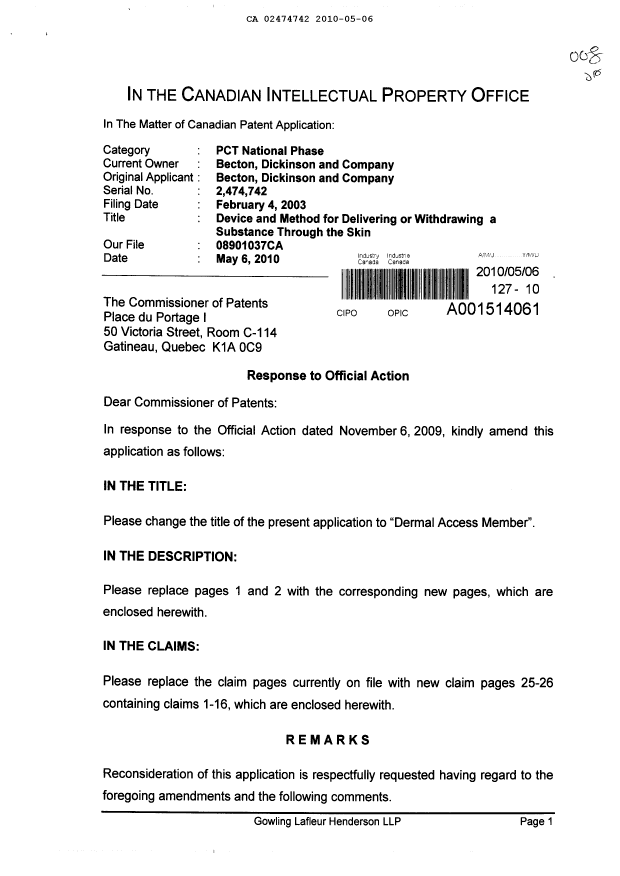 Canadian Patent Document 2474742. Prosecution-Amendment 20091206. Image 1 of 7