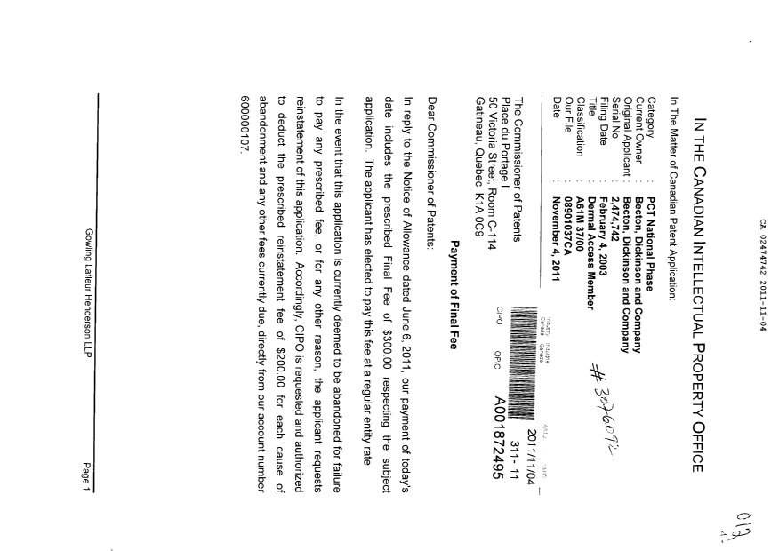 Document de brevet canadien 2474742. Correspondance 20101204. Image 1 de 2