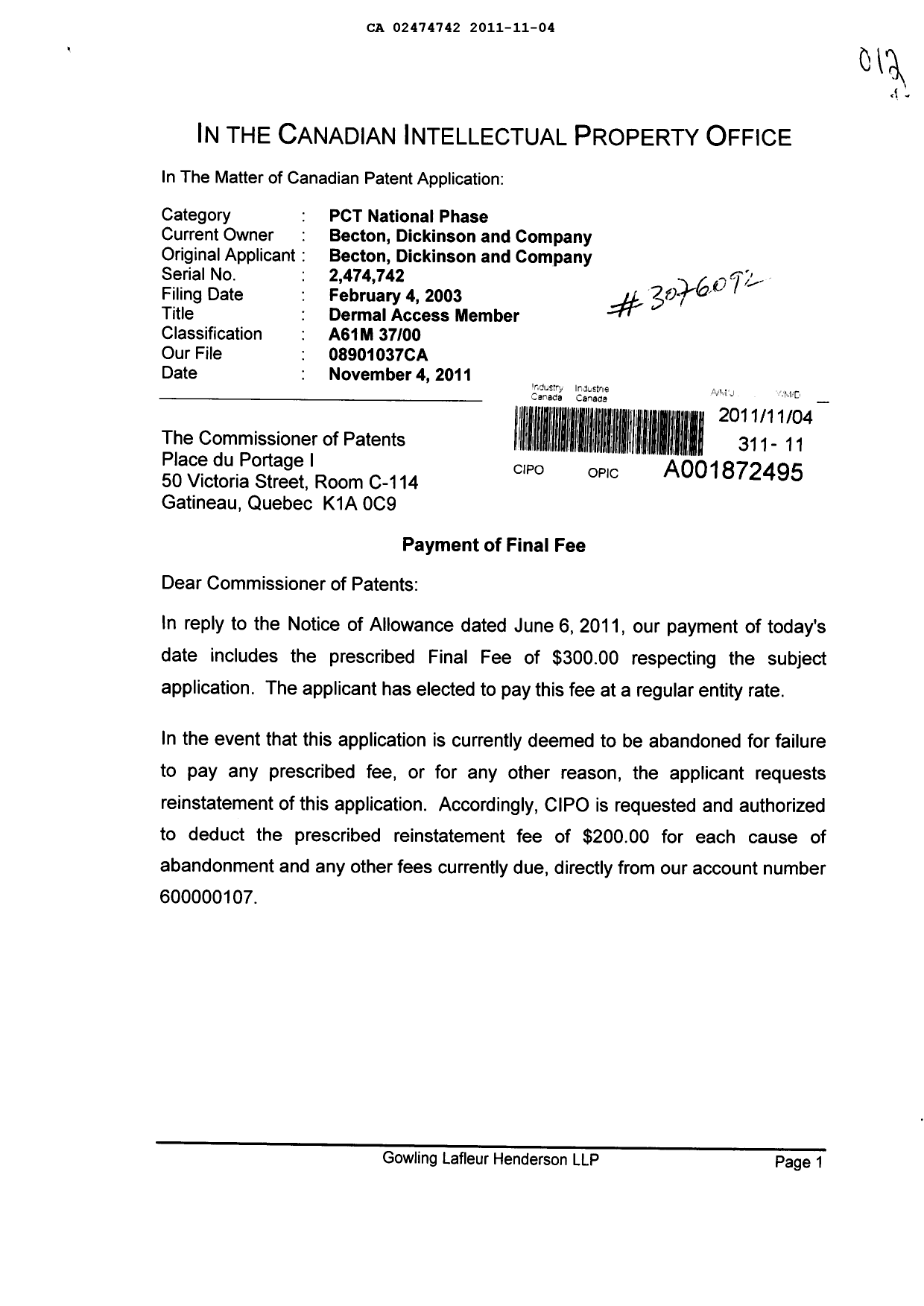 Document de brevet canadien 2474742. Correspondance 20101204. Image 1 de 2